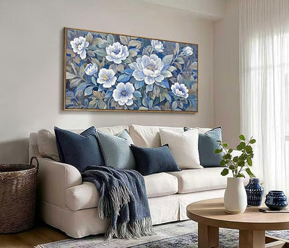 ARTZON Framed Large Wall Art for Living Room- Modern Blue and White Canvas Art Prints Peony Picture Blossom Flower Botanical Elegant Horizontal Artwork Relaxing Women Bedroom Office 48x24 Inch