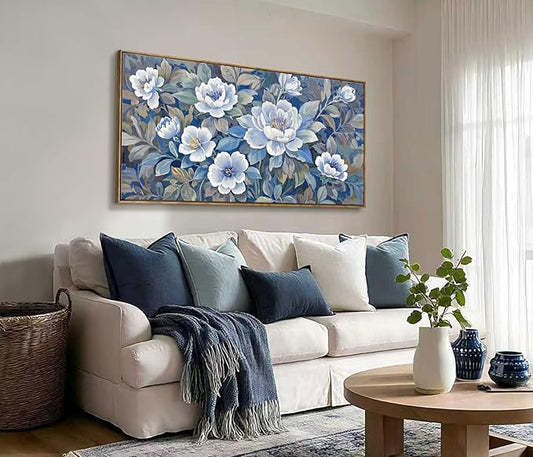 ARTZON Framed Large Wall Art for Living Room- Modern Blue and White Canvas Art Prints Peony Picture Blossom Flower Botanical Elegant Horizontal Artwork Relaxing Women Bedroom Office 48x24 Inch