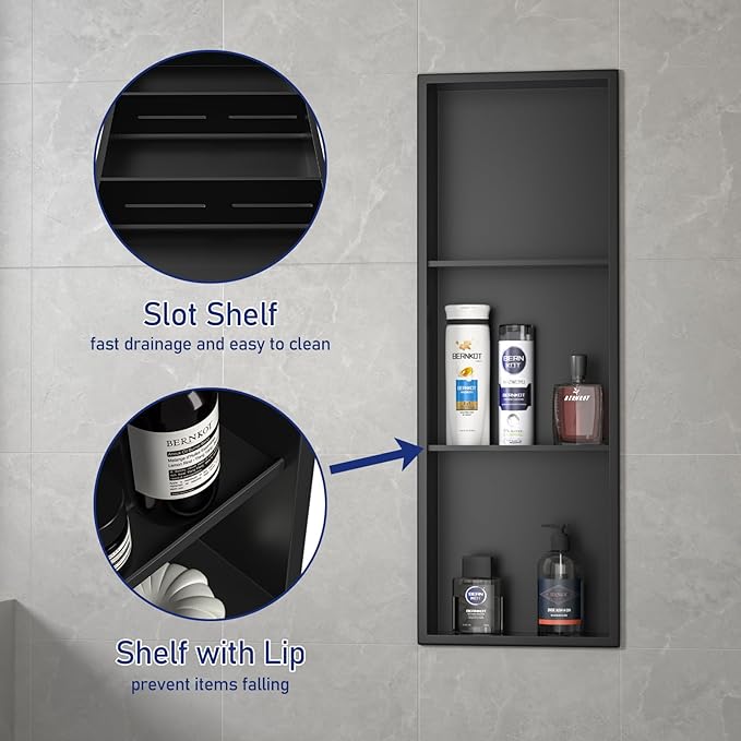 Stainless Steel Shower Niche 36" X 12" Matte Black No Tile Needed Wall Vertical Niche Three-Tier Shelves Recessed Shower Shelf for Bathroom Storage Over Mount Installation