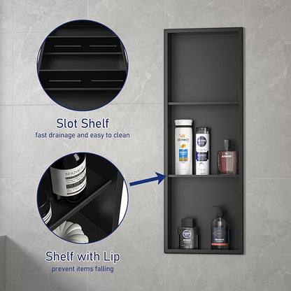 Stainless Steel Shower Niche 36" X 12" Matte Black No Tile Needed Wall Vertical Niche Three-Tier Shelves Recessed Shower Shelf for Bathroom Storage Over Mount Installation