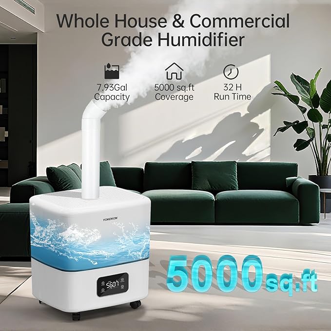 YOKEKON Humidifier Large Room 5000 sq.ft, 30L/7.93Gal Commercial Whole House Humidifier, Top-Fill Humidifiers for home with Extension Tube, Ideal for Plants, Office, Warehouse & Greenhouse
