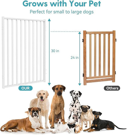 No Pawblems Free Standing Dog Gate with Door, 30'' Tall Foldable Dog Fence for Indoor & Outdoor, Up to 52 Inch Extra Wide Puppy Gate for Stairs, Hallways, Doorways, Deck, Yard (White, 2 Panels)