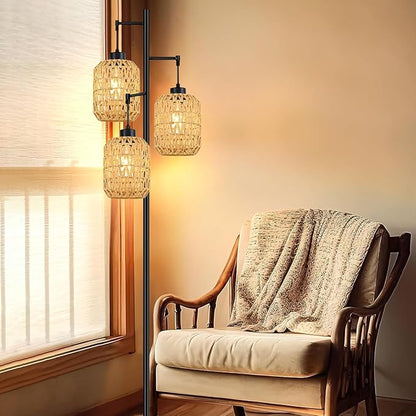 Floor Lamp for Living Room,Bedroom,Boho Rattan Tree 3 Lights Farmhouse Floor Lights,Industrial Black Standing Lamp Wicker Rustic Tall Lamp,Woven Bamboo LampShade Floor Lamps Bohemian