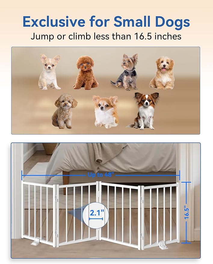 Free Standing Foldable Dog Gate, 16.5" High Step-Over Metal Short Pet Gate, Up to 48" Wide Puppy Fence for Stairs and Doorways, Indoor & Outdoor Use, No Drilling and No Assembly, White