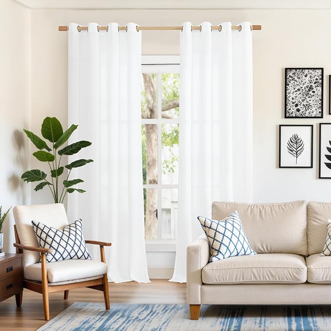 YoungsTex White Linen Curtains 95 inches Length for Living Room, Textured Semi Sheer Window Treatments Extra Long with Bronze Grommet Light Filtering for Bedroom Dining, 52 X 95 Inch, 2 Panels