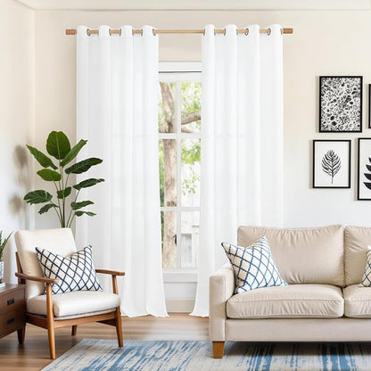 YoungsTex White Linen Curtains 95 inches Length for Living Room, Textured Semi Sheer Window Treatments Extra Long with Bronze Grommet Light Filtering for Bedroom Dining, 52 X 95 Inch, 2 Panels