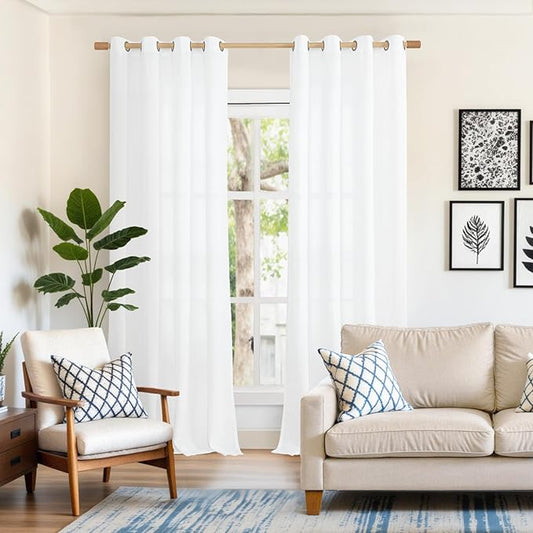 YoungsTex White Linen Curtains for Living Room 90 Inches Long 2 Panels Set, Extra Long Semi Sheer Drapes with Bronze Grommet Light Filtering for Bedroom Dining Room, 52 x 90 Inch