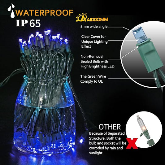 50 Count Blue Christmas Lights 25ft 5mm Blue String Lights, Outdoor & Indoor, Waterproof, Green Wire Mini String Lights, UL, IP:65
