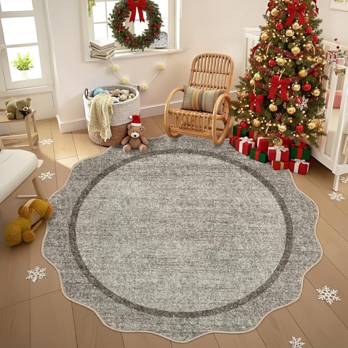 GarveeHome Scalloped Round Area Rugs, Washable Small Round Rug 3 ft Non-Slip, Soft Christmas Solid Ultra-Thin Circle Low Pile Stain Resistant Carpet for Bedroom Entryway Kitchen Bathroom, Brown