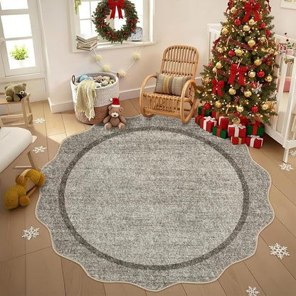 GarveeHome Scalloped Round Area Rugs, Washable Small Round Rug 3 ft Non-Slip, Soft Christmas Solid Ultra-Thin Circle Low Pile Stain Resistant Carpet for Bedroom Entryway Kitchen Bathroom, Brown