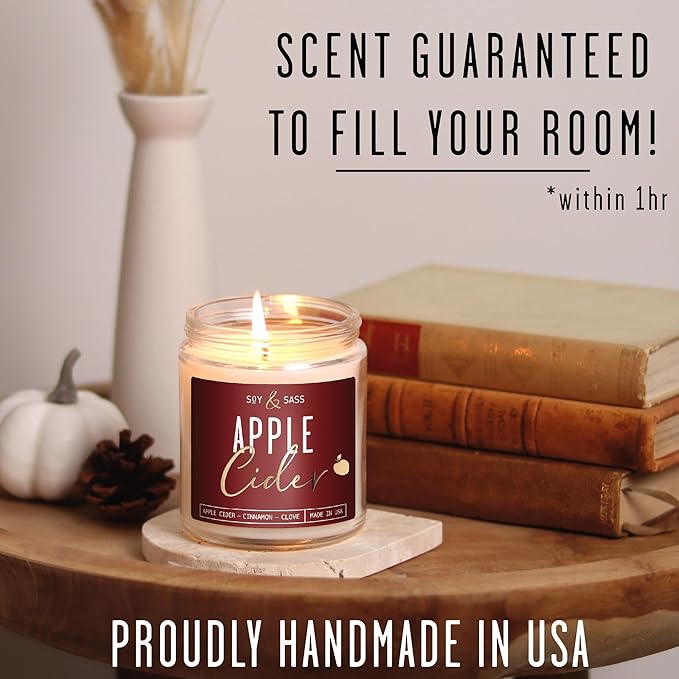 Apple Cider Candle, Fall Candles I Apple Cider, Cinnamon & Nutmeg - Infused with Essential Oils I Mulled Cider Fall Scented Candle (Soy) for Home I 9oz Reusable Jar I 50Hr Burn I Made in USA