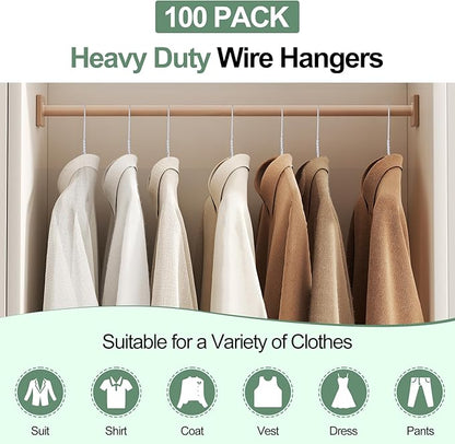 Wire Metal Hangers Bulk 100 Pack, Clothes Hangers Heavy Duty for Coats, Suits, Shirts, Pants, Skirts, Space Saving, Non Slip, Ultra Thin, 16 Inch, White