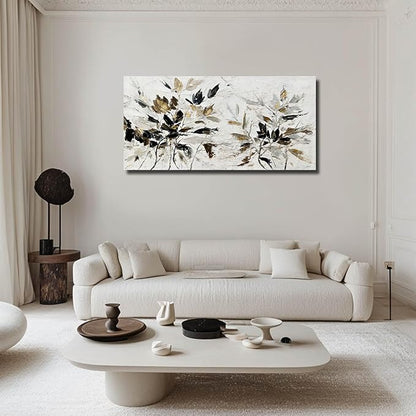 Modern Artwork Black and White Wall Art Abstract Wall Decor for Living Room Home Leaves Canvas Pictures Bedroom Gold Wall Art 24x48 Inch