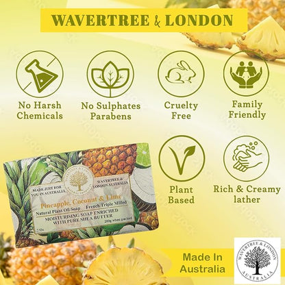Wavertree & London Pineapple, Coconut & Lime Scented Natural Soap (8 Bars), 7oz Moisturizing French Triple Milled Soap Bars enriched with shea butter - Plant Oil Bath & Body Bars for All Skin Types