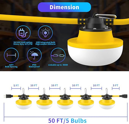 New Upgrade 50FT Construction String Lights LED Industrial Grade Best for Construction Sites,Renovation, Walkways,Patio,Mine cave,Outdoor Lighting Solutions Use,Free for Climbing Hook 2Prong