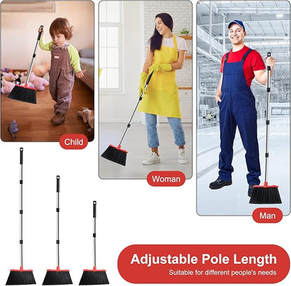 Large Upright Broom and Dustpan, Heavy Duty Dust Pan with 51" Long Handle for Indoor Outdoor Garage Kitchen Room (Black and Red)