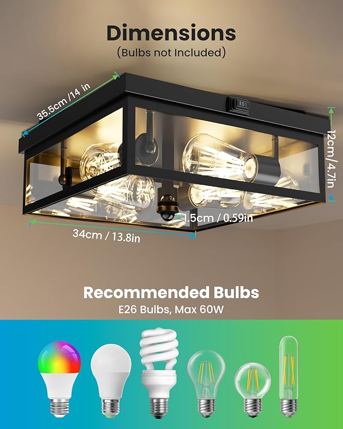 Caftersmark Outdoor Ceiling Light with Motion Sensor, Flush Mount Porch Ceiling Light, lear Glass with Dusk to Dawn 4-Light Close to Ceiling Light Fixture for Patio,Porch,Garage(14 in)