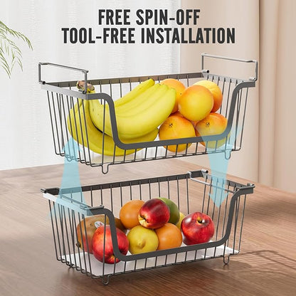 4 Pcs Stackable Wire Baskets for Pantry Organizers and Storage,Vegetable Fruit Basket for Countertop,Kitchen Storage Metal Baskets,Produce Potato Onion Storage Bin,Gray