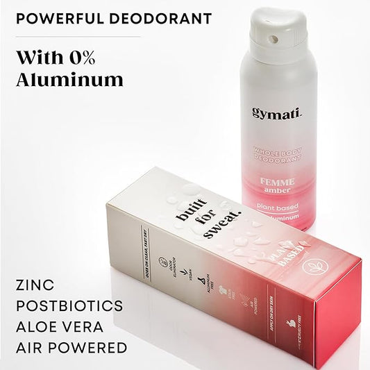 Gymati - Fitness Deodorant Spray for Women - Aluminum-Free - All Day Ultimate Odor Protection - Built For Sweat - Air-Powered - Vegan & Plant-Based - Made in USA - Femme - 3.4oz Travel Size