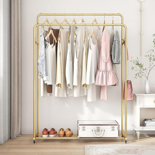Double Rod Clothing Garment Rack, Heavy Duty Metal Rolling Clothes Rack with Wheels with 4 Fixed Hooks, Multi-Functional Bedroom Organizer Hanging Clothes, Gold
