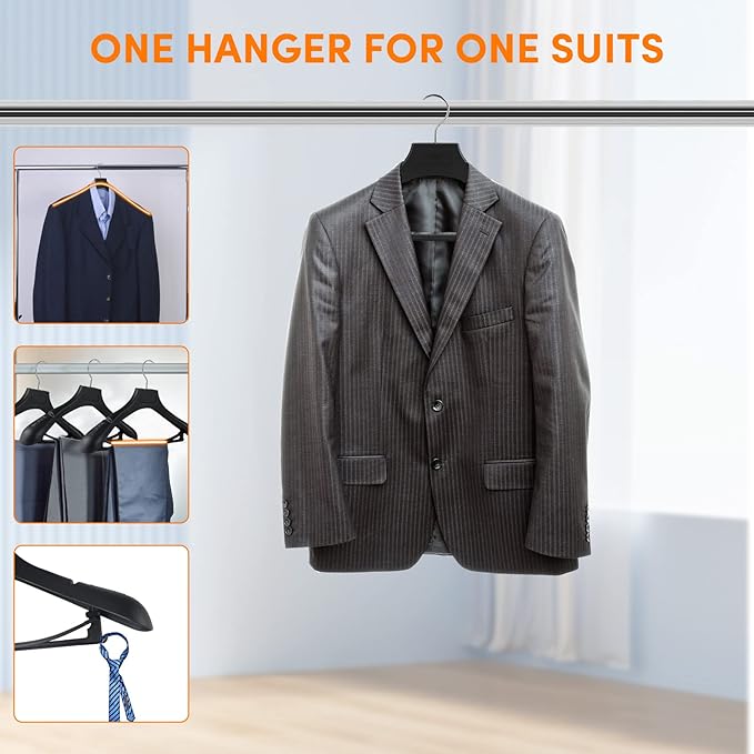 DEDU Suit Hangers for Men 50 Pack, Black Coat Hangers Extra Wide Non Slip Width 17.7", Thick Plastic with Pants Bar & Metal Hook