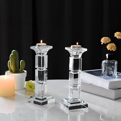 Kitcom Crystal Candle Stick Holders for Home Decor Pack of 2, Clear Crystal Taper/Tealight Candle Holder Table Centerpieces for Party and Wedding Decoration(8.6inch Tall)