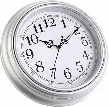 Plumeet Retro Wall Clock, 12'' Non Ticking Classic Silent Vintage Wall Clocks Decorative Kitchen Living Room Bedroom - Battery Operated, Silver