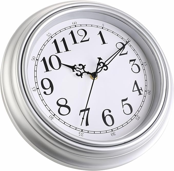 Plumeet Small Retro Wall Clock, 10'' Non Ticking Classic Silent Vintage Wall Clocks Decorative Kitchen Living Room Bedroom - Battery Operated, Silver