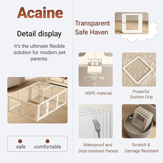 Transparent 12-Panel Dog Playpen, Acrylic Indoor/Outdoor Puppy Pen for Small & Medium Dogs, 30 Inch with Door, White(Fully Transparent 74 * 50 Two Rooms,30 inch)