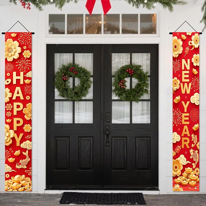 Nuxovilar Happy New Year Banner, 70.86" x 11.81" Red Gold Pattern Hanging Decorations for Outdoor Indoor Home Wall