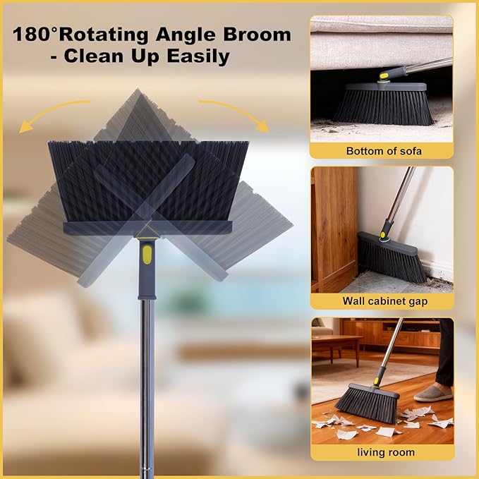 Upgrade Broom with Dustpan Combo Set Heavy Duty, Ergonomic Adjustable Handle, Cleaning Teeth, Ideal for Pets, Indoor and Outdoor Sweeping（Gray）