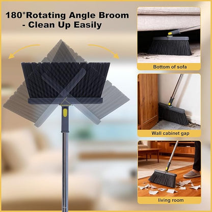 Upgrade Broom with Dustpan Combo Set Heavy Duty, Ergonomic Adjustable Handle, Cleaning Teeth, Ideal for Pets, Indoor and Outdoor Sweeping（Gray）