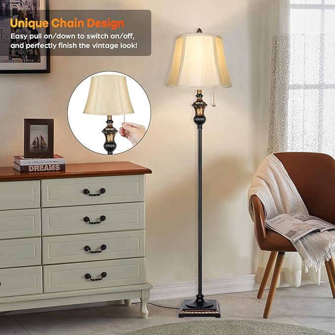 TOBUSA Traditional Floor Lamp, Classic Standing Lamp with Bronze Fabric Shade, Vintage Elegant Tall Pole Lamp for Living Room Bedroom Office Reading, Rustic Upright Floor Lights, Pull Chain Switch
