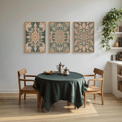 HLNIUC Large Mandala Flower Wall Art Set of 3, Green Scandinavian Botanical Framed Wall Decor(24x36),Norwegian Folk Art Canvas, Bohemian Mexican Vintage Plant Print for Living Room, Bedroom, Office