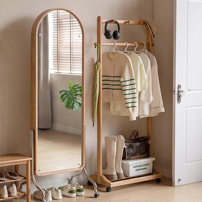 YESWOOD Solid Wood Clothes Rack, Rolling Garment Rack with Wheels & Shelves Storage & 5 Hooks Heavy Duty Clothing Rack,Portable Clothes Rack for Bedroom, Living Room, Entryway