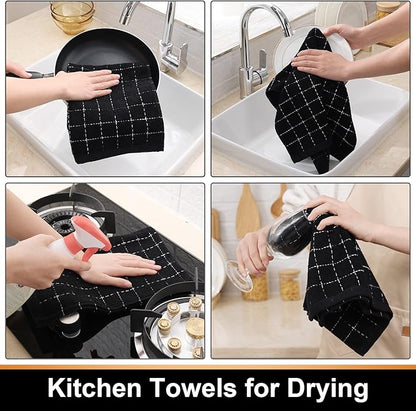 Mordimy 100% Cotton Terry Cloth Kitchen Towels, Super Soft and Absorbent Dish Towels for Drying, Checkered Designed Hand Towels for Kitchen, 16 x 26 Inches, 8 Pack, Black