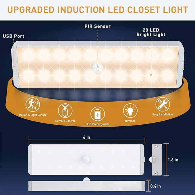 LED Closet Light, 20LEDs Rechargeable Motion Sensor Under Cabinet Lighting, Stick-Anywhere Night Safe Light Bar for Wardrobe,Kitchen-3 Pcs,Warm White