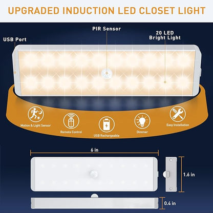 LED Closet Light, 20LEDs Rechargeable Motion Sensor Under Cabinet Lighting, Stick-Anywhere Night Safe Light Bar for Wardrobe,Kitchen-3 Pcs,Warm White