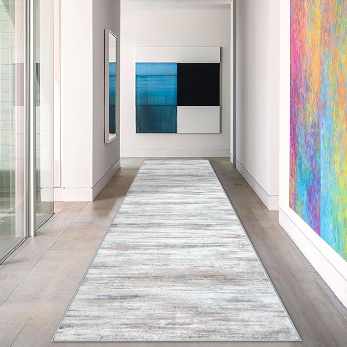 KOZYFLY Runner Rug 3x10 Modern Ombre Runners for Hallways, Washable Rugs for Bedroom Non-Slip Soft Stain Resistant Striped, Print Distressed Beige Abstract Carpet for Living/Laundry/Kid Room