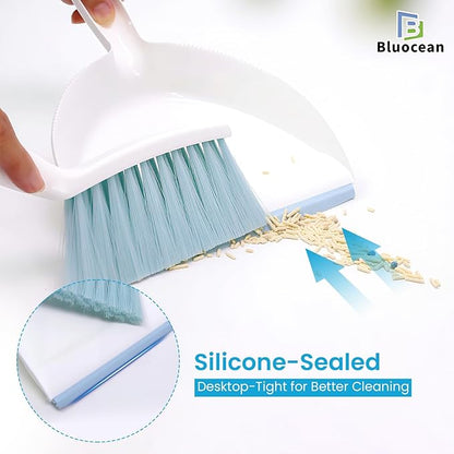 Mini Broom and Dustpan, Plus an Adhesive Hook Set, 7" Dustpan Opening, Bristles for Hair and Small Debris, Mini Portable Hand Brush for Pet, Sofa, Desk, Kitchen (White & Seafoam Blue)