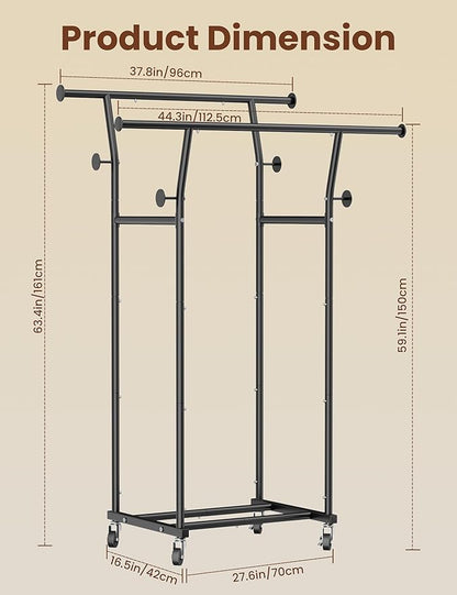 Double Rods Clothes Rack, Rolling Clothing Rack with Wheels, Metal Clothing Racks for Hanging Clothes, Portable Garment Rack Sturdy Closet Rack Trending Coat Rack for Laundry Bedroom Living Room