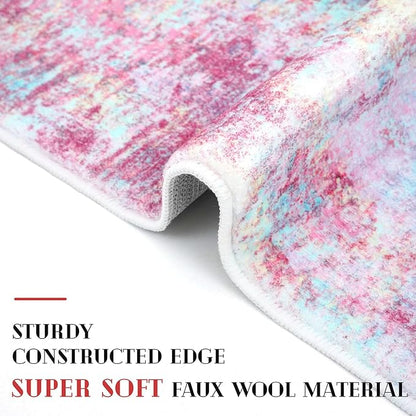 Modern Abstract 3x5 Girls Room Rug, Machine Washable Blush Pink Sky Blue Entryway Rug, Thin Kitchen Mat Non-Slip, Print Faux Wool Soft Floor Carpet for Girl Women's Bedroom Bedside