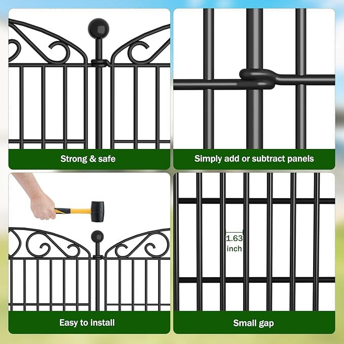 12 Panel Garden Fence with Gate - 36in H x 24ft L, No Dig Rustproof Metal Tall Animal Barrier for Dogs Rabbits, Decorative Outdoor Border for Yard, Patio, and Flower Beds