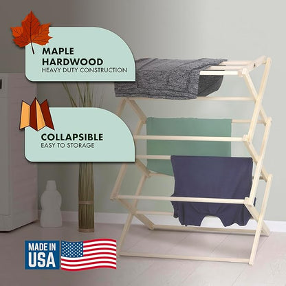 Pennsylvania Woodworks Premium American Maple Clothes Drying Rack - Handcrafted in Pennsylvania - Solid Wood Construction, Collapsible, Eco-Friendly Laundry Solution (Medium)