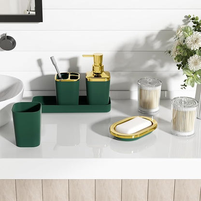 Dark Green Bathroom Accessories Set, Green and Gold Bathroom Accessories with Trash Can, Soap Dispenser, Soap Dish, Toothbrush Holder and Q-tip Holders