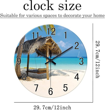 XFM Tropical Beach Wall Clock 12 Inch Silent Coastal Wall Clocks Battery Operated Blue Analog Wall Clock for Living Room Bedroom Office Decor
