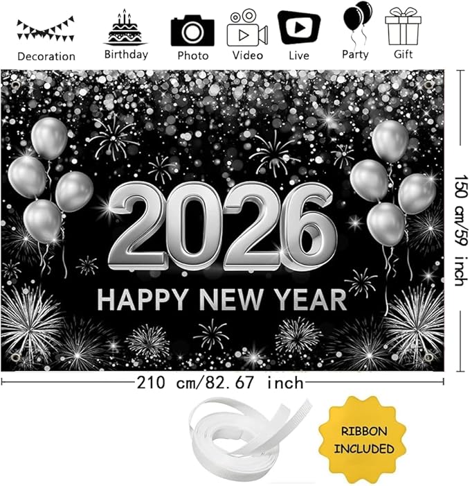 MEHOFOND 7x5ft Black and Silver 2026 Happy New Year Backdrop Hello 2026 New Year Eve Party Photography Background Balloon Fireworks Glitter Dots Cheers to 2026 Decor Banner Photo Booth Props