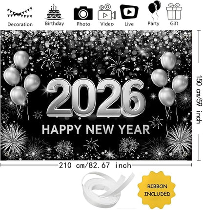 MEHOFOND 7x5ft Black and Silver 2026 Happy New Year Backdrop Hello 2026 New Year Eve Party Photography Background Balloon Fireworks Glitter Dots Cheers to 2026 Decor Banner Photo Booth Props