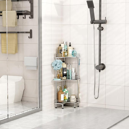 HapiRm Corner Shower Caddy Standing - 3 Tier Shower Organizer Corner with Soap Holder, Rustproof Bathroom Standing Organizer with 4 Hooks, Silver