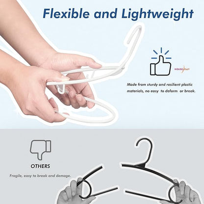 HOUSE DAY White Plastic Hangers 50 Pack, Plastic Clothes Hangers with Built-in Hooks, Durable and Strong Plastic Coat Hangers for Closet, Space Saving Clothing Hanger for Shirts, Coats, Skirt, Dress